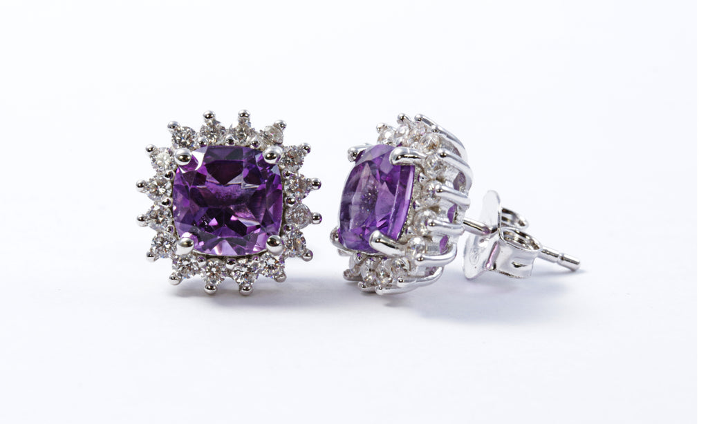 Cushion Amethyst Earring with CZ Accents in Sterling Silver and Rhodium