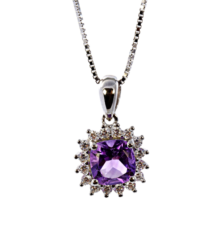 Cushion Amethyst Pendant with CZ Accents in Sterling Silver and Rhodium