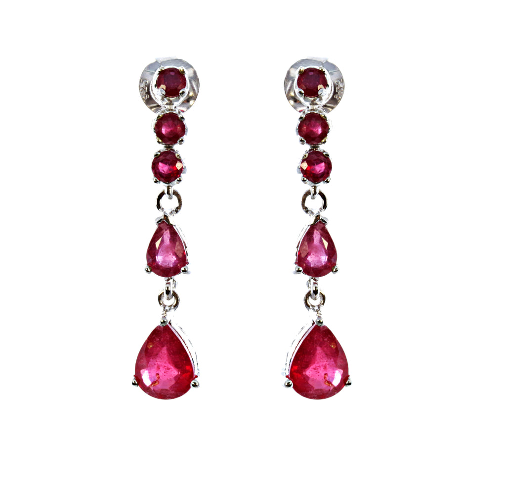 Multi Ruby Pear and Round Ruby Drop Earring in Sterling Silver and Rhodium