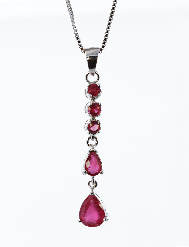 Multi Stone Ruby Drop Pendant in Sterling Silver and Rhodium