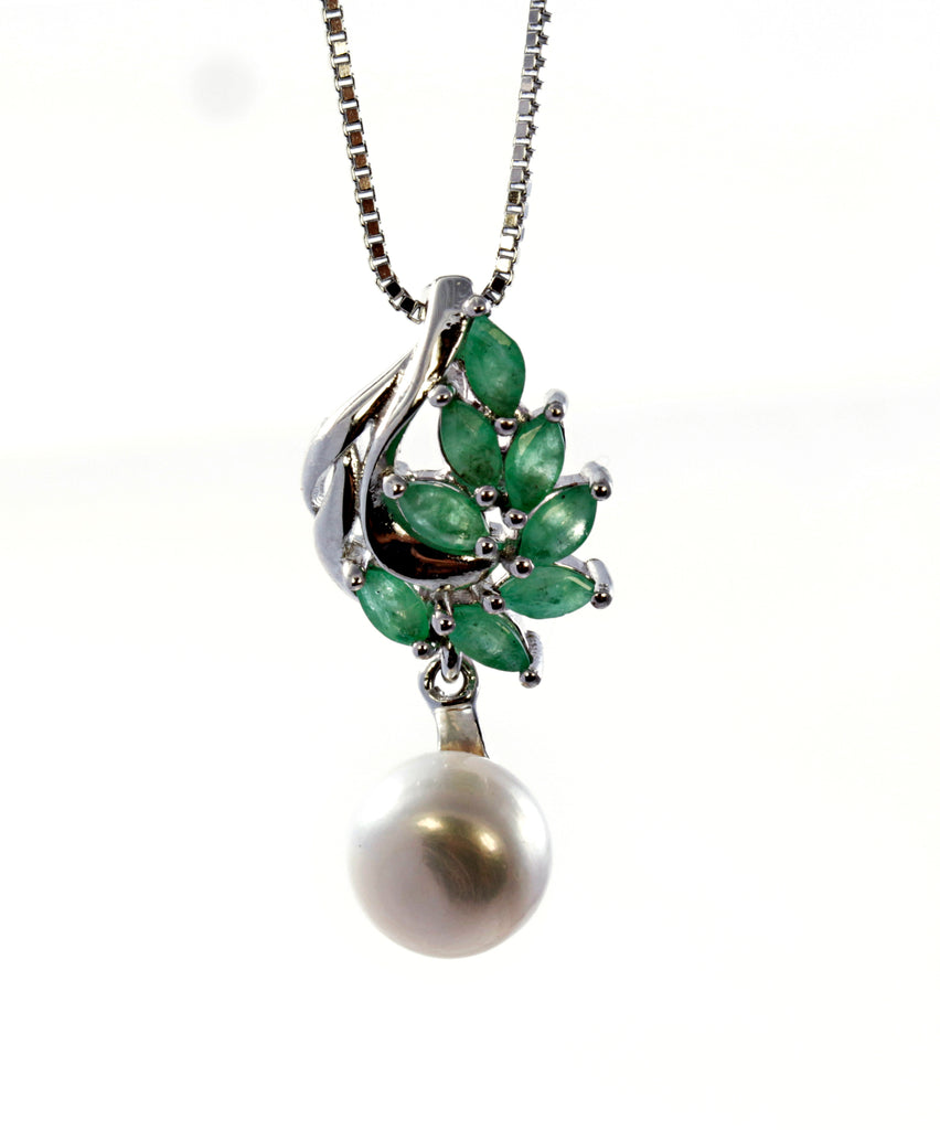 Marquise Emerald and Pearl Pendant in Sterling Silver and Rhodium