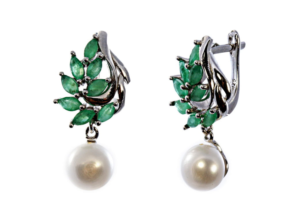 Marquise Emerald and Pearl Earring in Sterling Silver and Rhodium