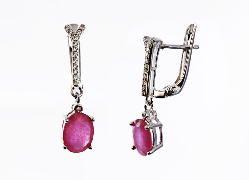 Oval Ruby Drop Earring with CZ accents in Sterling Silver and Rhodium