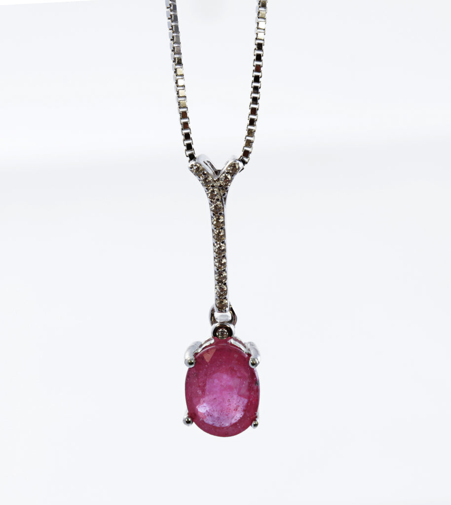 Oval Ruby Drop Pendant with CZ accents in Sterling Silver and Rhodium