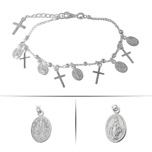 Miraculous Medal and Cross Charm Bracelet in Sterling Silver and Rhodium