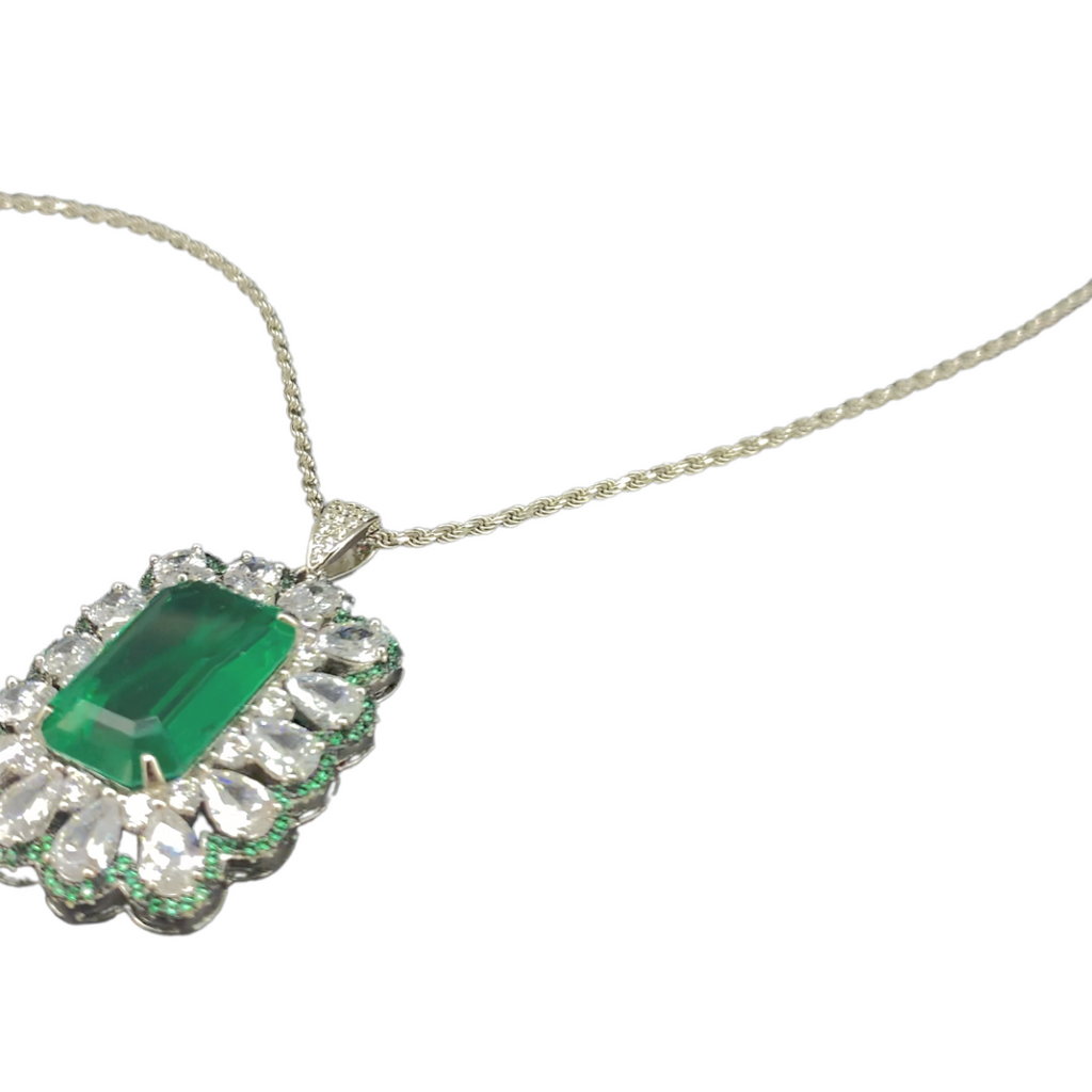 Emerald With White Zircon With Emerald Cut Pendant