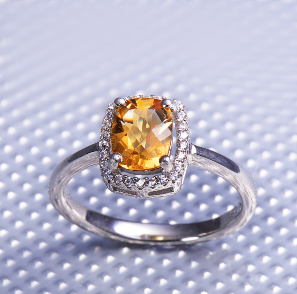 Emerald-Cut Yellow Topaz & 5A Cubic Zirconia Halo Ring in Sterling Silver and Rhodium