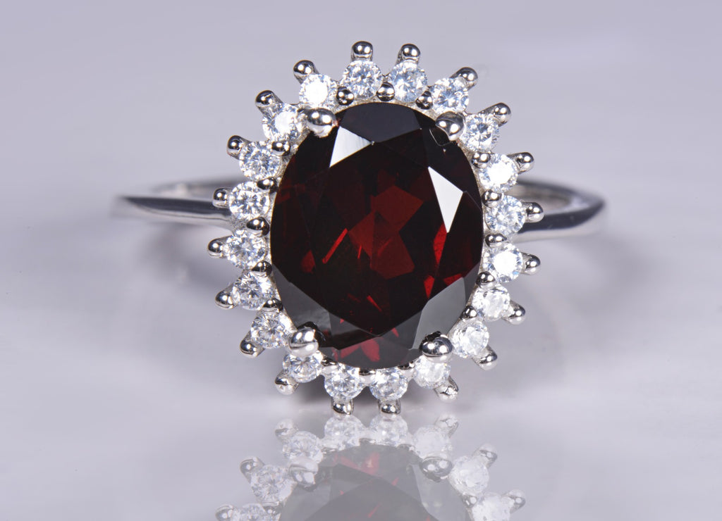 Garnet Oval Ring with Cubic Zirconia in Sterling Silver and Rhodium