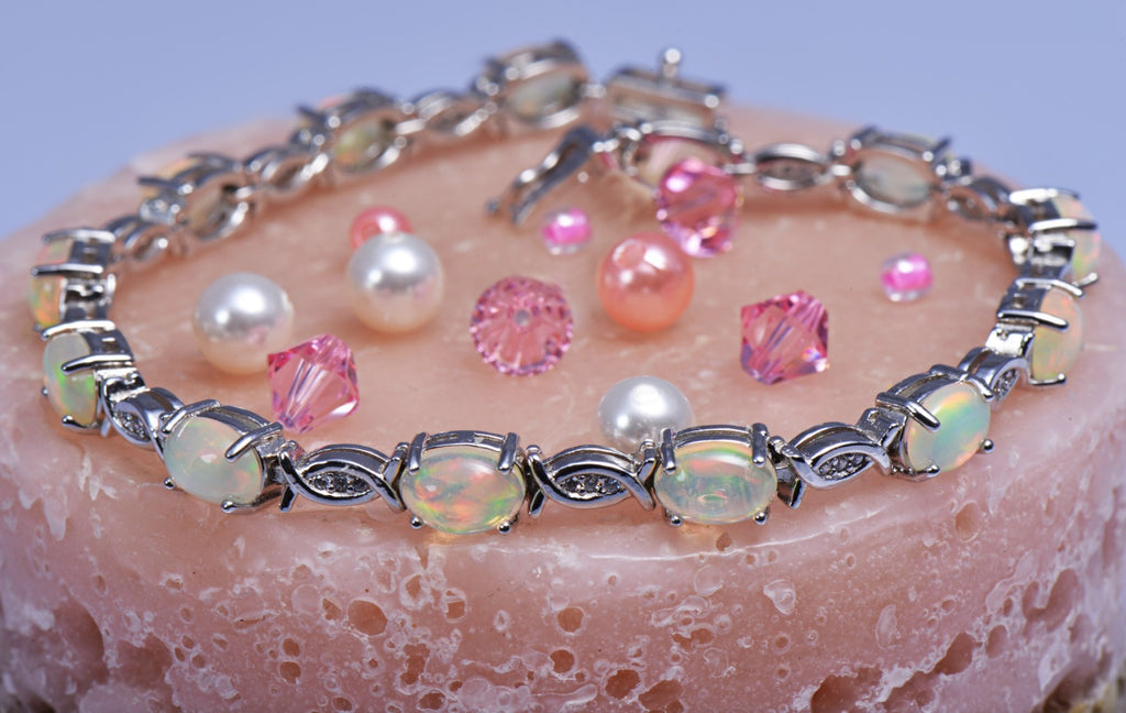 Bracelet With White Fire Opal & 5A Cubic Zirconia In Sterling Silver and Rhodium