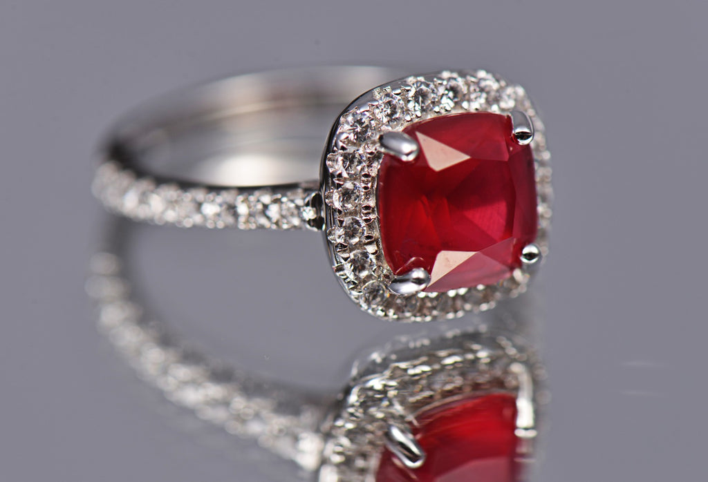 Cushion Cut Ruby Ring with Cubic Zirconia Halo in Sterling Silver and Rhodium