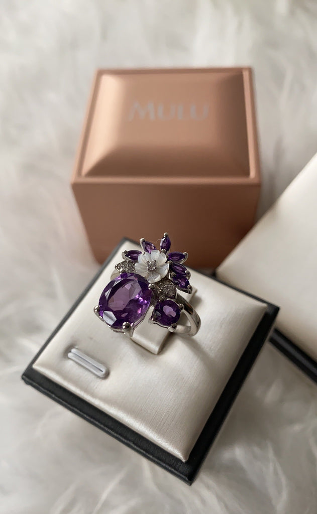 Floral Amethyst Ring with Shell in Sterling Silver and Rhodium