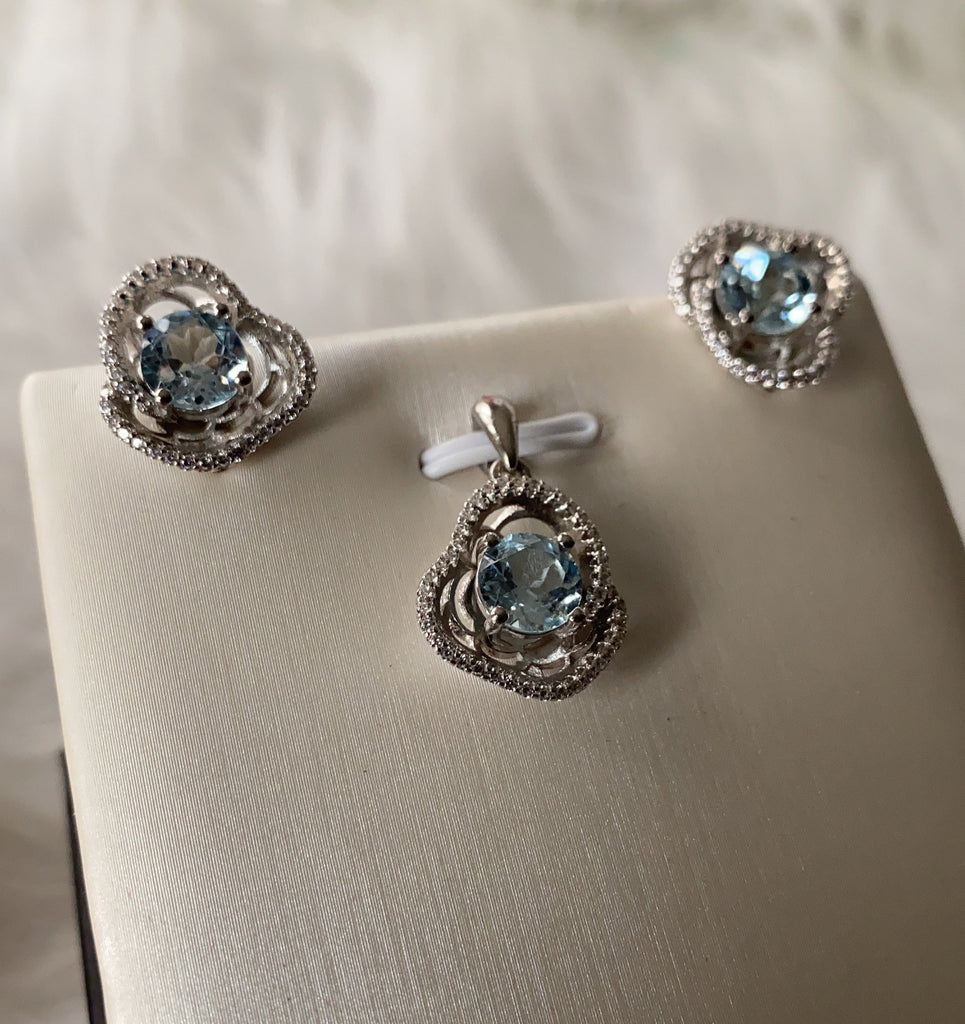Aquamarine With Cubic Zirconia Earring in Sterling Silver and Rhodium