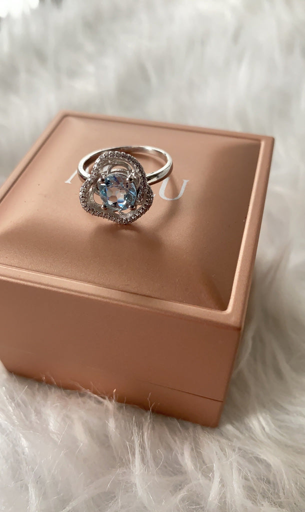 Aquamarine Round Cut Ring with Cubic Zirconia in Sterling Silver and Rhodium