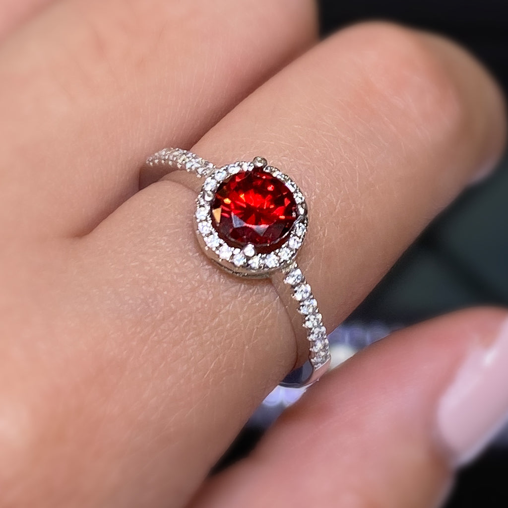 Garnet Halo Ring with Cubic Zirconia Accents in Sterling Silver and Rhodium