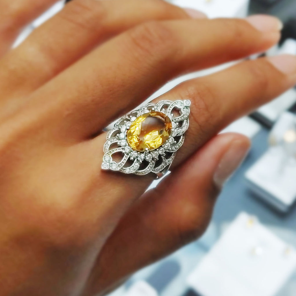 Oval Yellow Topaz Statement Ring with Cubic Zirconia in Sterling Silver and Rhodium