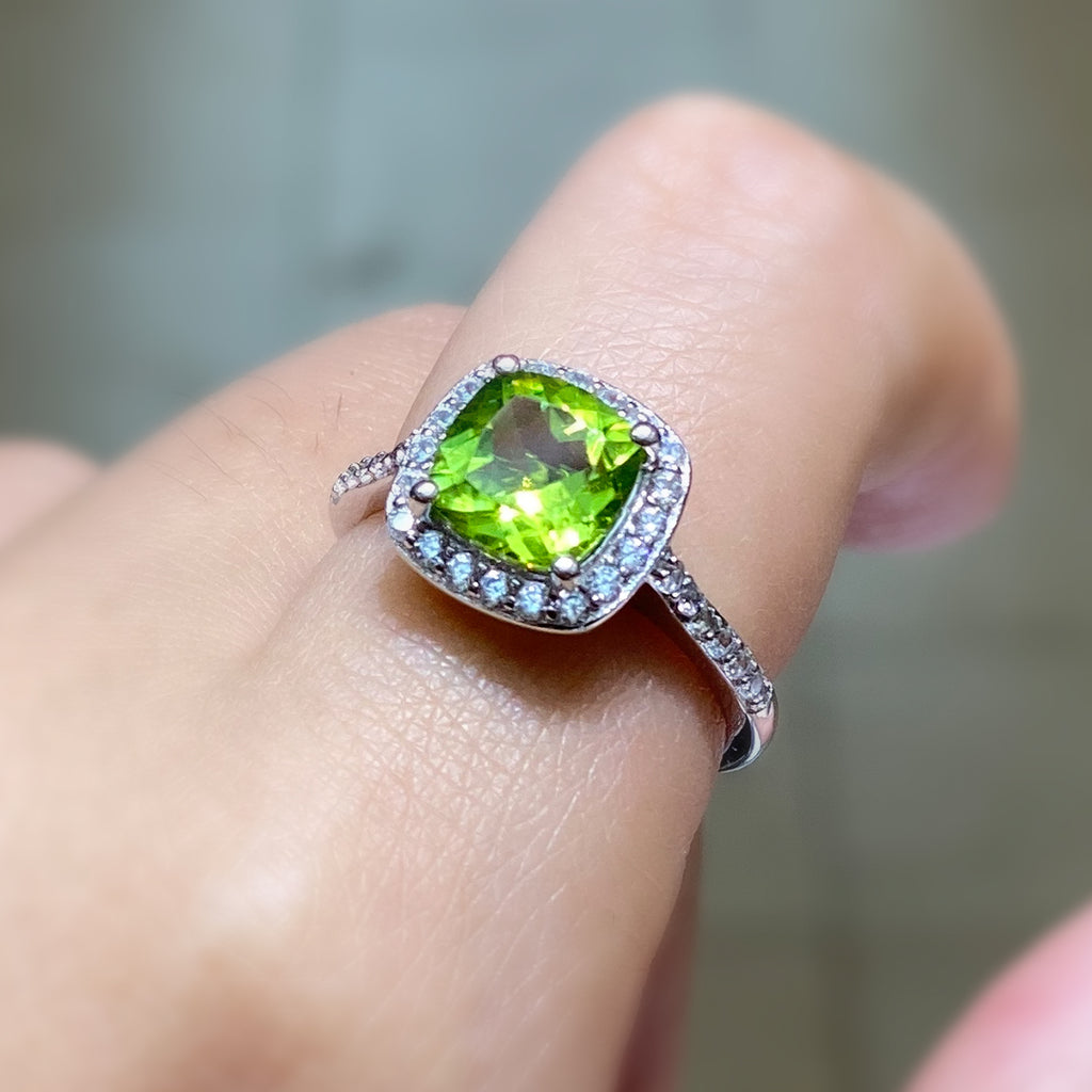 Framed Cushion Cut Peridot Ring with Accents in Sterling Silver and Rhodium