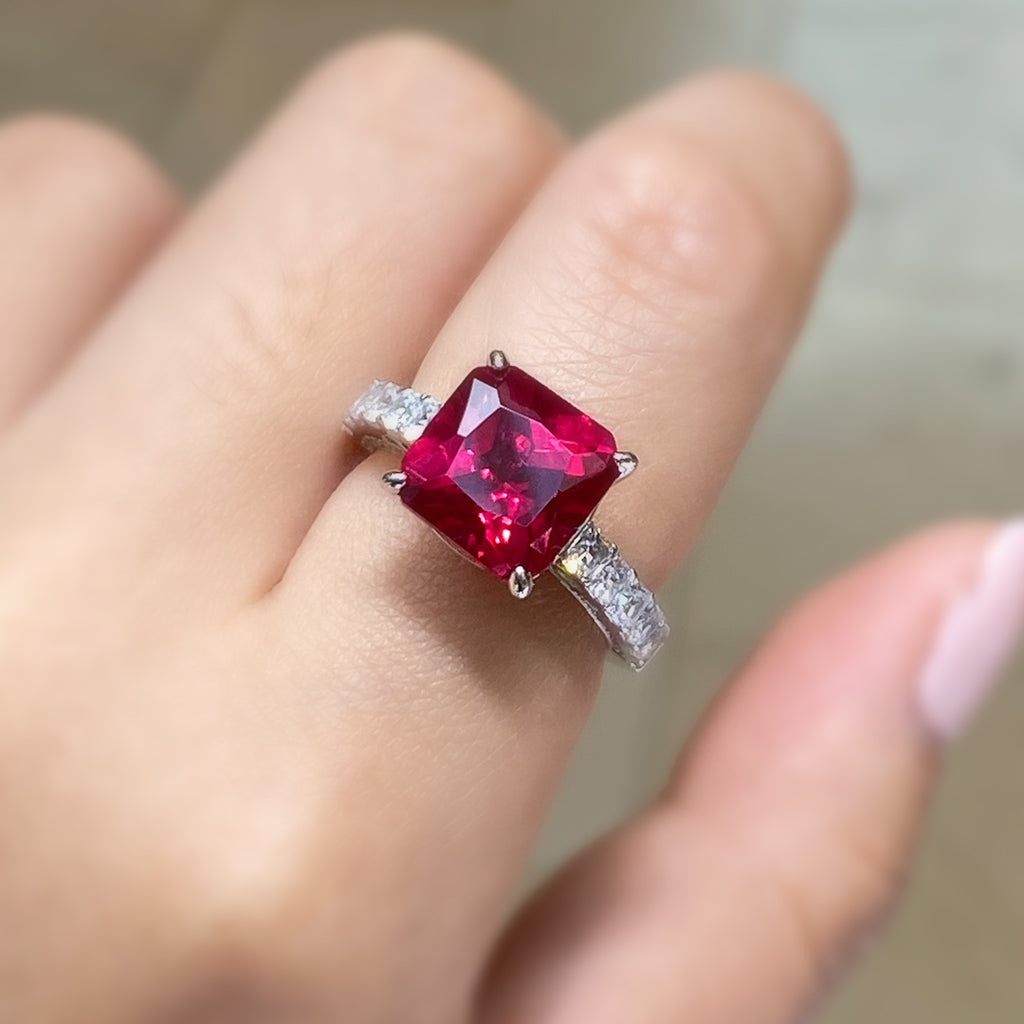 Cushion Cut Ruby Ring in Sterling Silver and Rhodium
