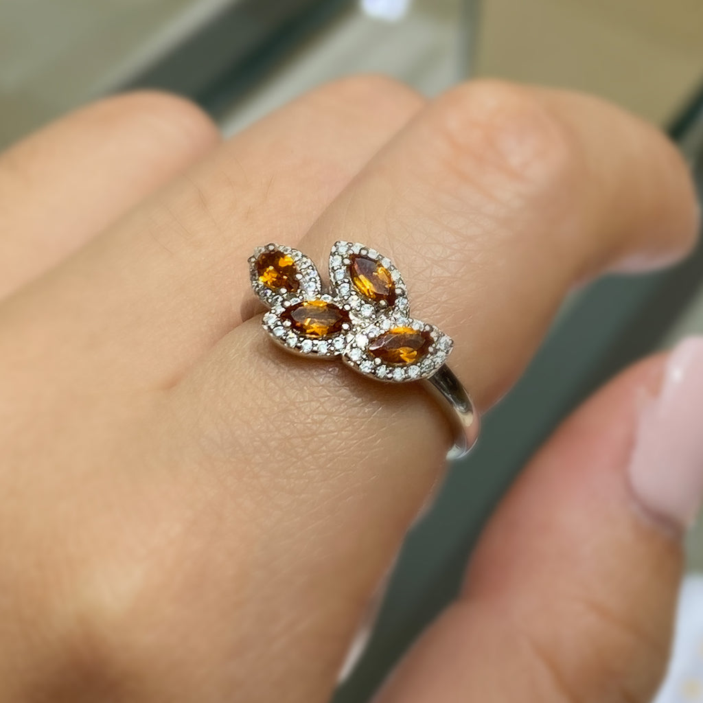 Marquise Yellow Topaz  Floral Ring in Sterling Silver and Rhodium