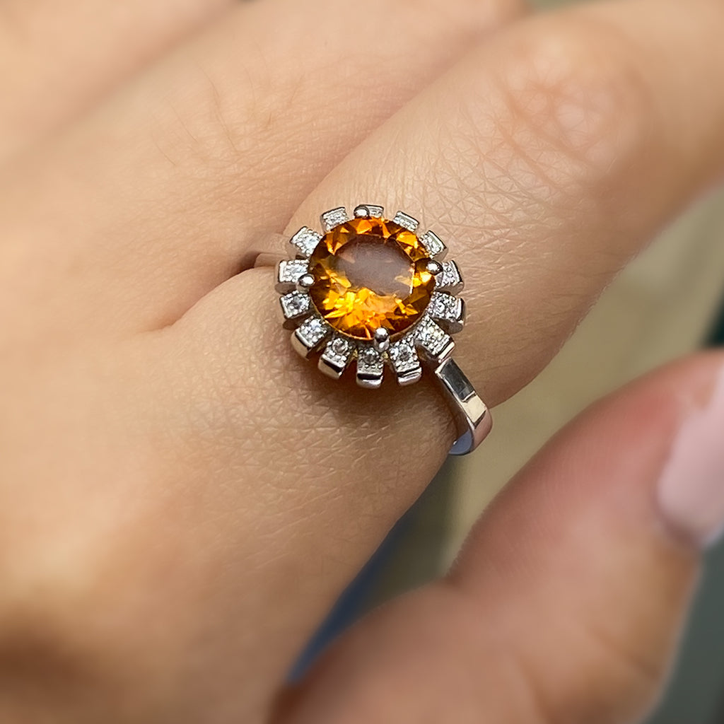 Framed Round Cut Topaz Ring in Sterling Silver and Rhodium