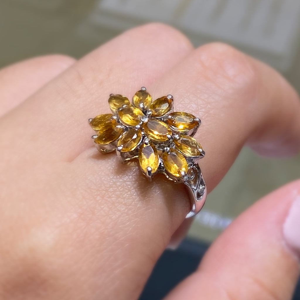Marquise Yellow Topaz Floral Ring in Sterling Silver and Rhodium
