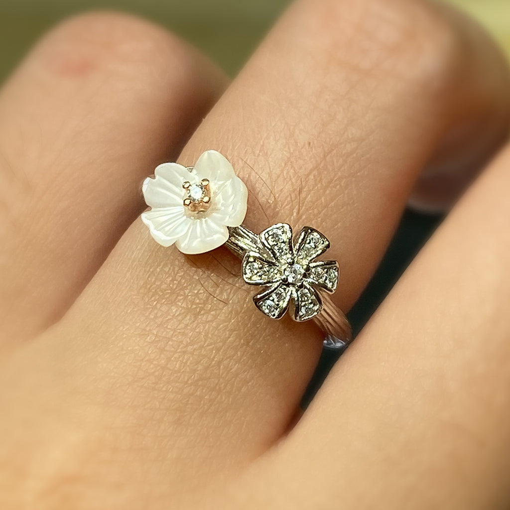 Cubic Zirconia Ring with Mother of Pearl Flower in Sterling Silver and Rhodium