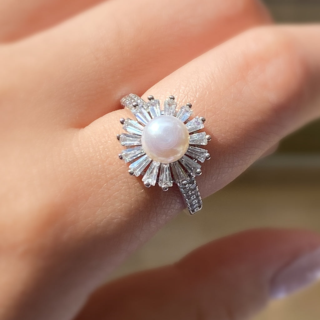Pearl Ring With Cubic Zirconia Baguette Halo in Sterling Silver and Rhodium
